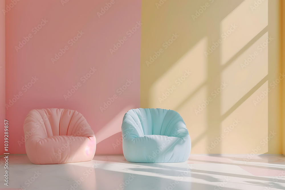 Two plush chairs, one pink and one blue, sit in a room with soft pastel walls. The chairs are positioned to face each other. Two plush chairs, one pink and one blue, sit in a room with soft pastel walls. The chairs are positioned to face each other.