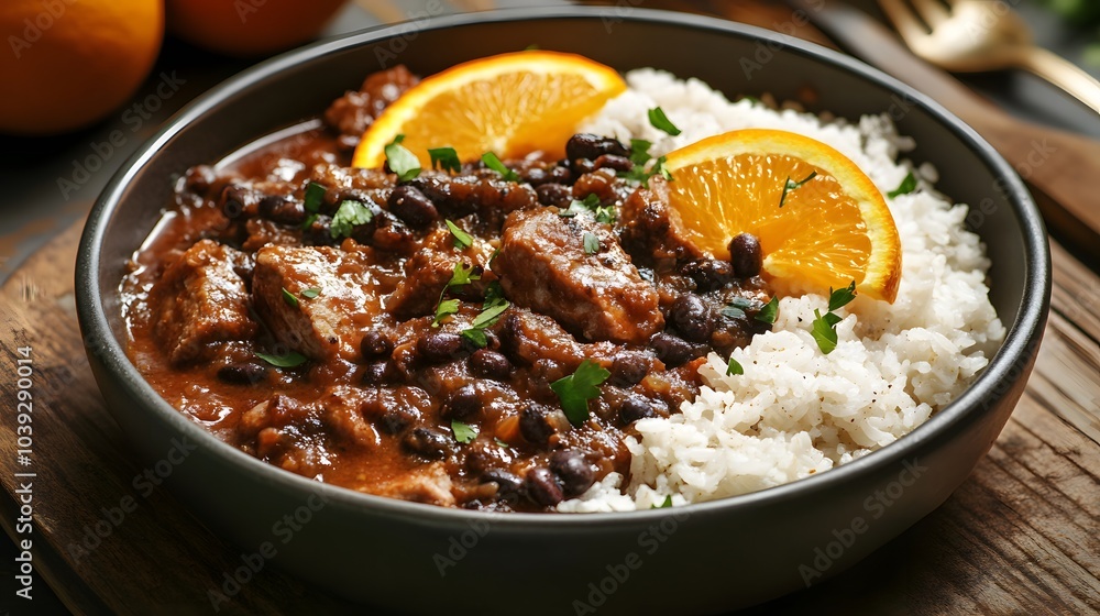 A Brazilian feijoada, a black bean stew with pork, served with rice and orange slices.
A Brazilian feijoada, a black bean stew with pork, served with rice and orange slices.