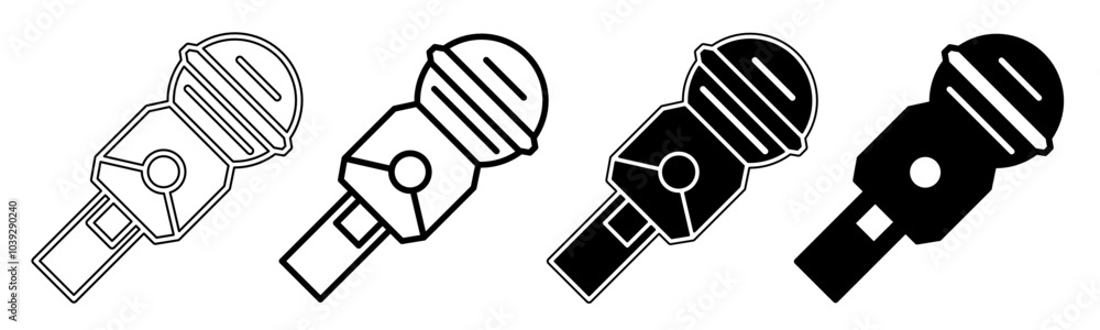 Black and white illustration of a microphone. Microphone icon collection with line. Stock vector illustration. Black and white illustration of a microphone. Microphone icon collection with line. Stock vector illustration.