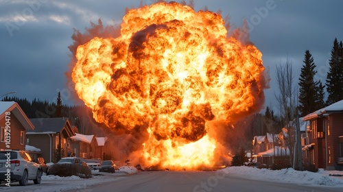 Dramatic scene of a massive fireball explosion resulting from a devastating car accident illuminating the entire street with bright orange flames and plumes of smoke photo