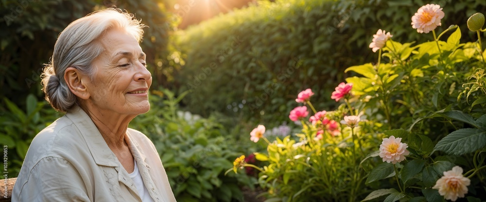 Elderly woman enjoying a peaceful moment in a lush garden filled with blooming flowers at sunset. Elderly woman enjoying a peaceful moment in a lush garden filled with blooming flowers at sunset.