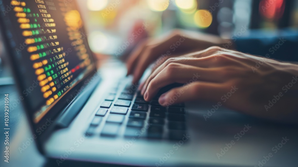 A close-up of hands typing on a laptop displaying data and statistics. A close-up of hands typing on a laptop displaying data and statistics.