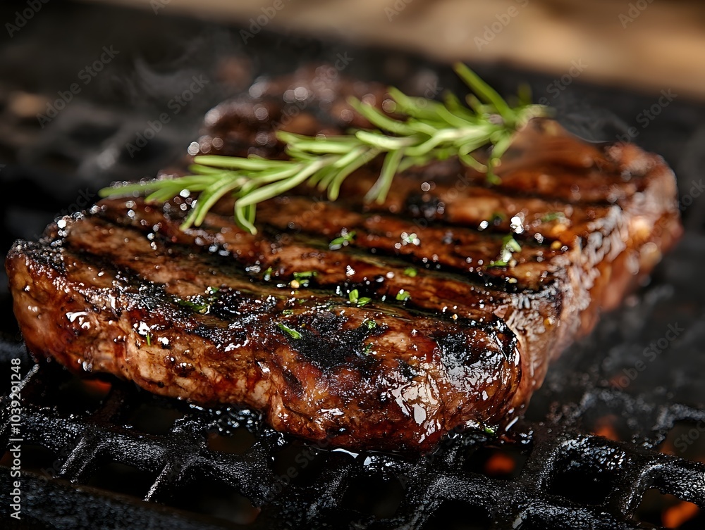 Mouthwatering Grilled Steak with Rosemary and Garlic Garnish on a Rustic Background Mouthwatering Grilled Steak with Rosemary and Garlic Garnish on a Rustic Background