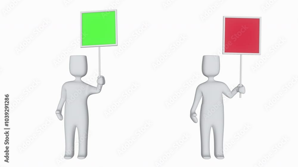 Two 3D Men with Green and Red Placard on a White Backgrounds in Horizontal Loopable 4K 3D Animation Stock Video Two 3D Men with Green and Red Placard on a White Backgrounds in Horizontal Loopable 4K 3D Animation Stock Video