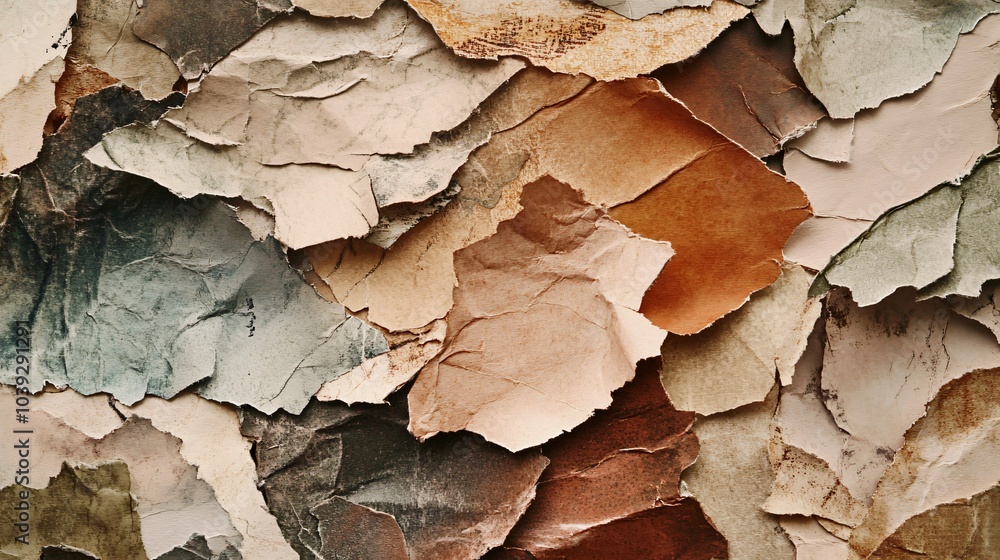 Close-up of weathered, torn paper in earthy tones, creating a textured abstract background. Close-up of weathered, torn paper in earthy tones, creating a textured abstract background.