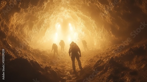 Explorers navigating a glowing cave with a mysterious atmosphere.