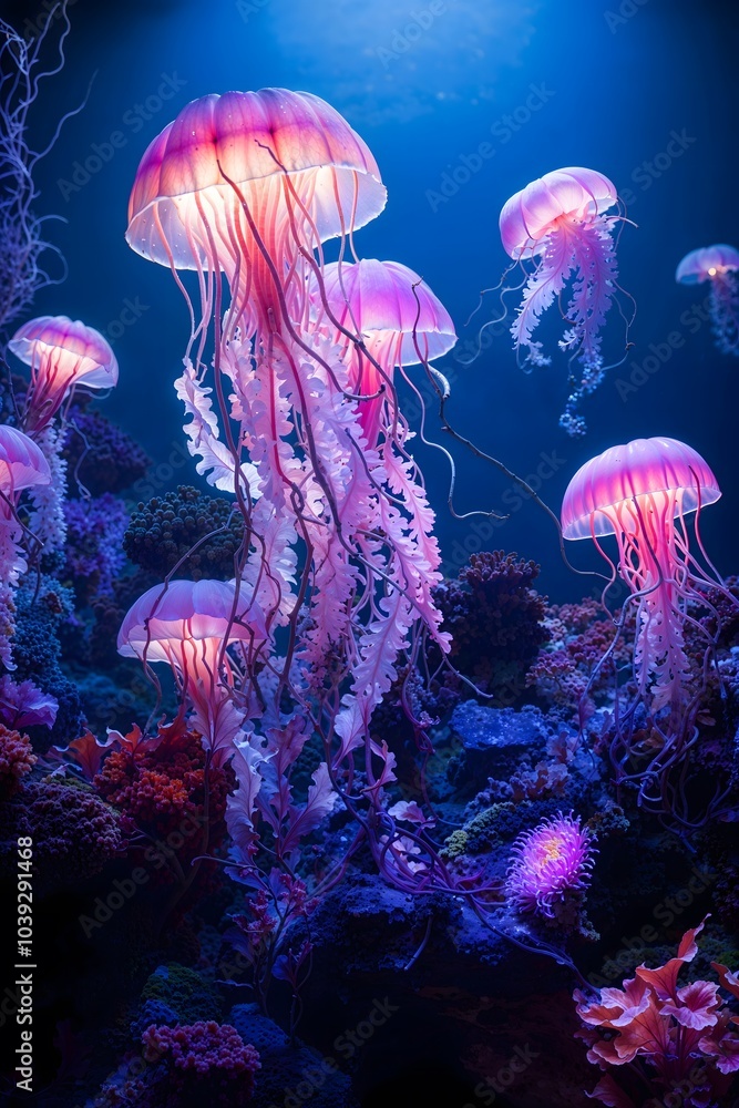 Vibrant jellyfish gracefully float in a mesmerizing underwater realm, illuminating the deep blue sea. Vibrant jellyfish gracefully float in a mesmerizing underwater realm, illuminating the deep blue sea.