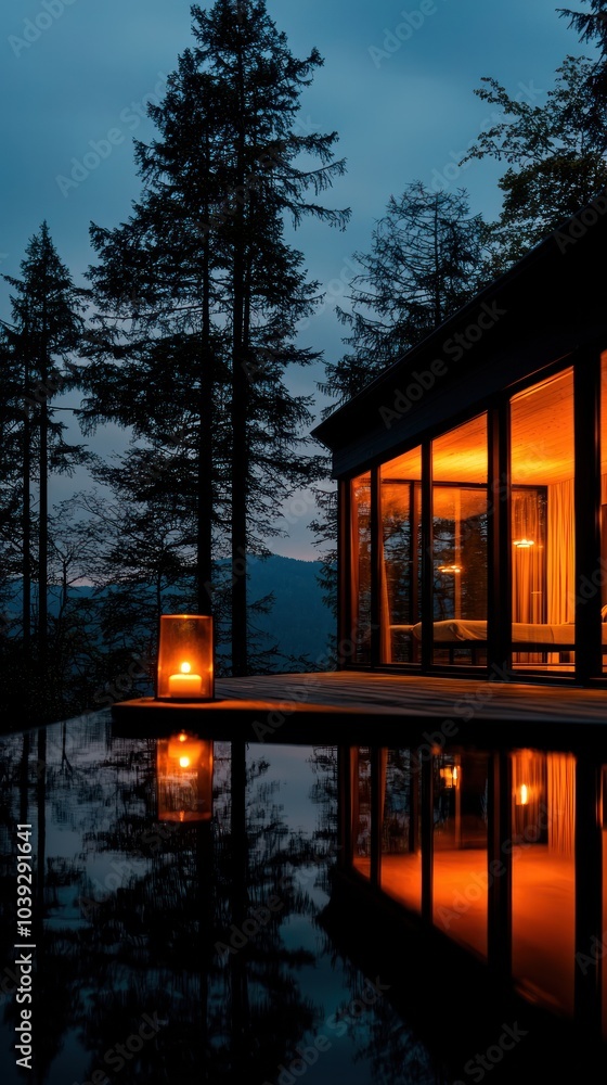 Fototapeta premium Serene Evening Retreat A Modern Cabin Amidst Nature with Reflective Waters and Candlelight