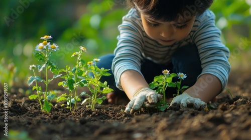 A young child carefully tends to flowers in a garden, showcasing the beauty of nature and the joy of nurturing plants. Perfect image for garden lovers.