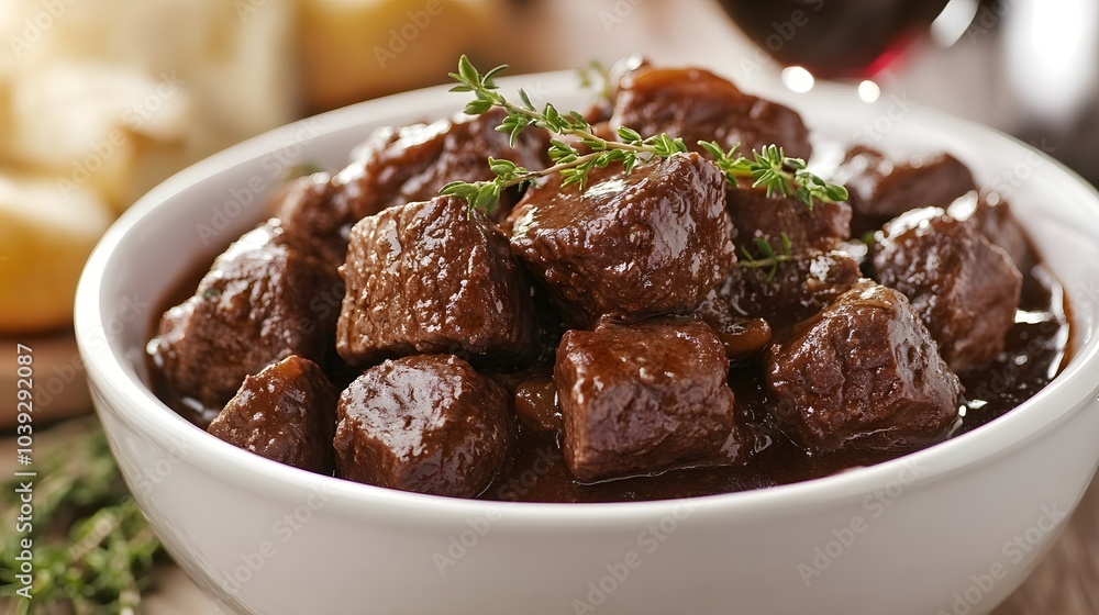 A dish of beef bourguignon, with tender beef stewed in red wine and herbs.
A dish of beef bourguignon, with tender beef stewed in red wine and herbs.