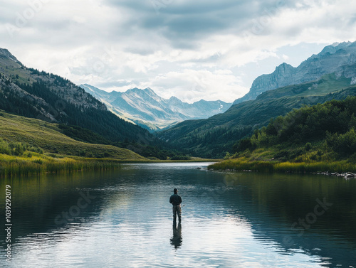 lone fisherman enjoying a serene mountain view