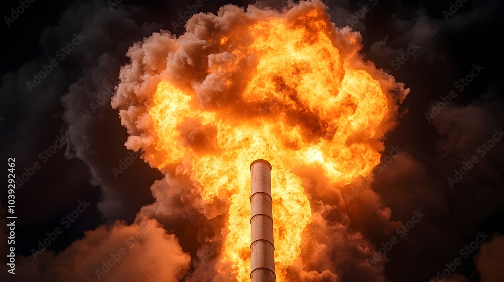 Fototapeta premium Dramatic fiery explosion bursting from a warehouse on the outskirts of the city lighting up the night sky with an intense blaze and billowing smoke