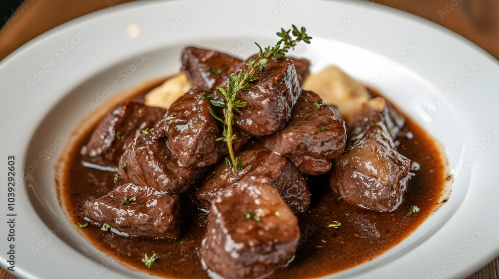 A dish of beef bourguignon, with tender beef stewed in red wine and herbs.
A dish of beef bourguignon, with tender beef stewed in red wine and herbs.