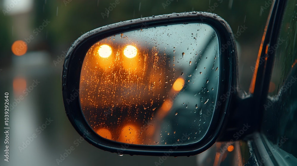 Close up view of raindrops on the side mirror of a car creating a blurred and abstract reflection of the illuminated city lights and skyscrapers in the background Close up view of raindrops on the side mirror of a car creating a blurred and abstract reflection of the illuminated city lights and skyscrapers in the background