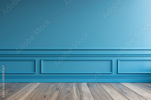 A blue wall with wainscoting and a wood floor, perfect for a minimalist interior design.