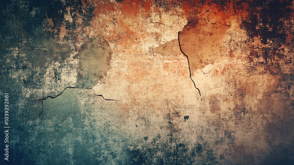 Distressed, aged, and cracked wall texture with a dark blue, tan and orange color palette. Distressed, aged, and cracked wall texture with a dark blue, tan and orange color palette.