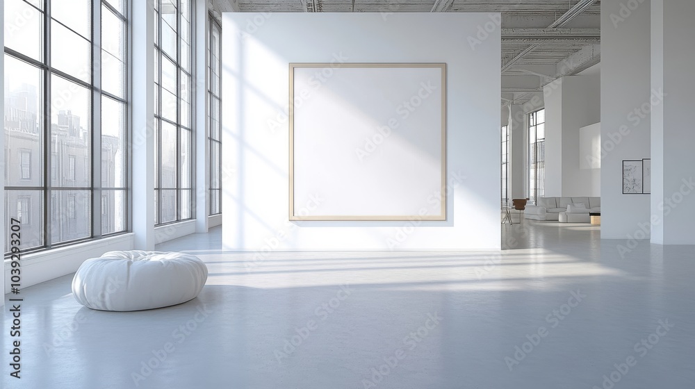 A spacious, modern living room in 3D rendering with a large blank poster as the focal point, clean white walls, minimalist and large windows filling the room with natural light A spacious, modern living room in 3D rendering with a large blank poster as the focal point, clean white walls, minimalist and large windows filling the room with natural light