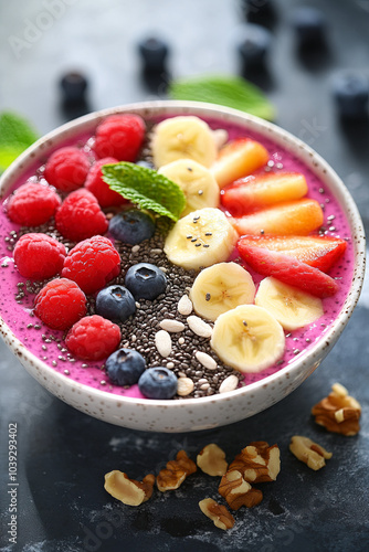 A colorful smoothie bowl topped with fresh fruits, nuts, and chia seeds photo