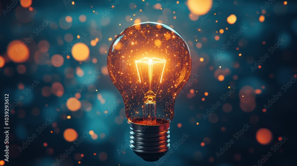 A glowing light bulb surrounded by shimmering particles, symbolizing ideas and creativity.