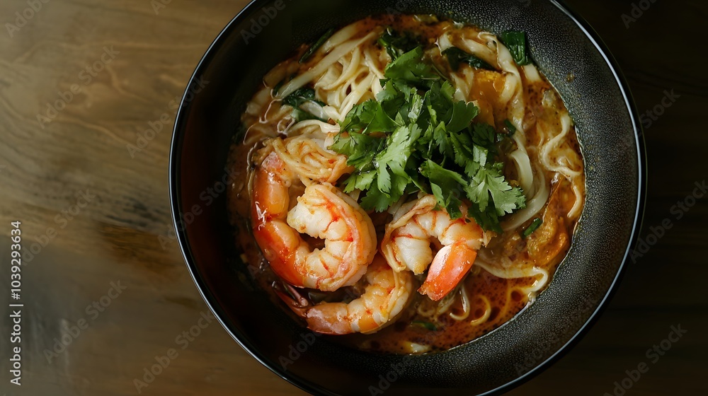 A dish of Malaysian laksa, with spicy coconut broth, noodles, and shrimp.
A dish of Malaysian laksa, with spicy coconut broth, noodles, and shrimp.