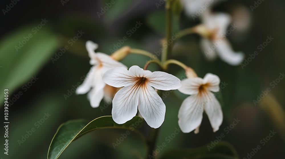 Close-up of Delicate White Flowers with Brown Veins Against a Green Background Close-up of Delicate White Flowers with Brown Veins Against a Green Background