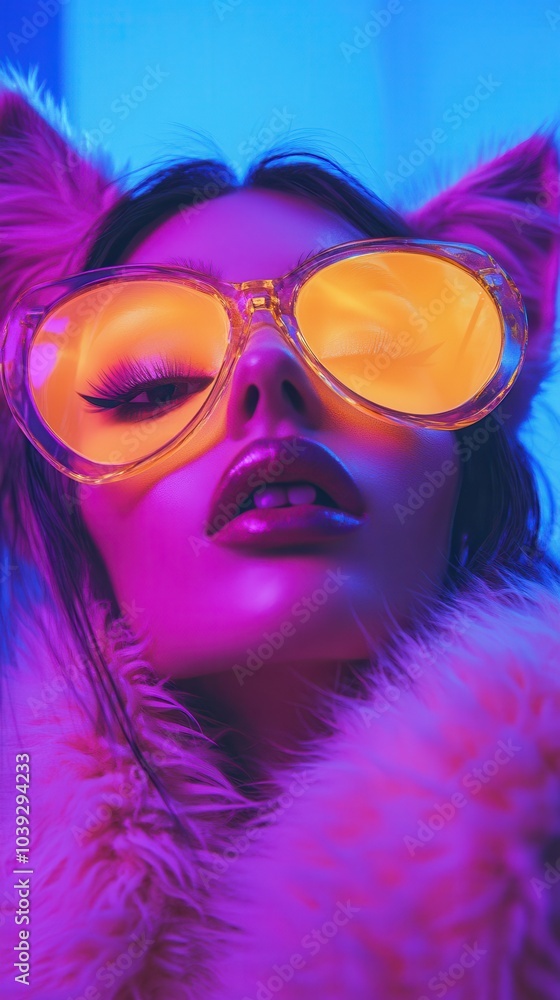 A stylish woman with cat ears and vibrant sunglasses radiates a playful and futuristic vibe in a colorful setting. A stylish woman with cat ears and vibrant sunglasses radiates a playful and futuristic vibe in a colorful setting.