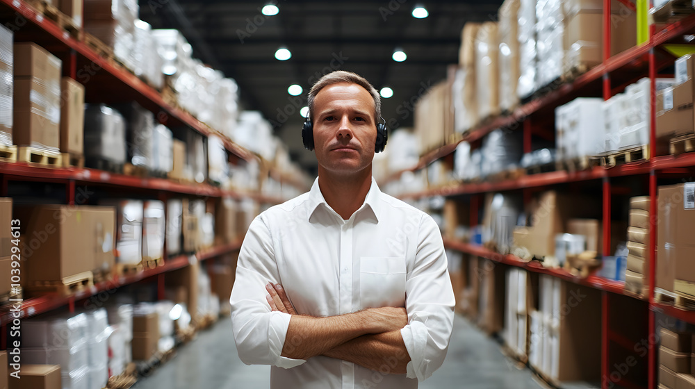 Fototapeta premium warehouse manager with headset oversees operations in busy storage facility, ensuring efficiency and organization. atmosphere is focused and professional