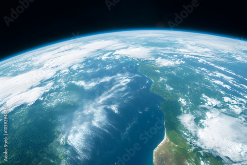 stunning view of Earths continents and oceans, showcasing vibrant blues of oceans and lush greens of land. This perspective highlights beauty and diversity of our planet