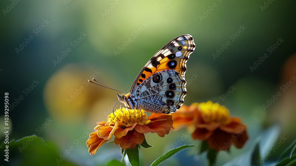 Obraz premium Close-up of a butterfly resting on a vibrant flower, soft blurred green background with plenty of room for copy space.
