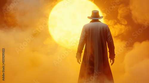 man in long coat and hat stands against large sun, surrounded by fog. scene evokes sense of mystery and intrigue, with bright sun illuminating atmosphere