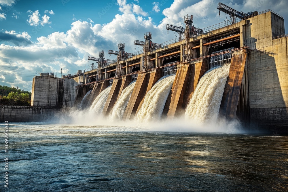 A stunning view of a large dam with powerful water flow. The sky is bright with clouds. This landscape showcases engineering and nature in harmony. Generative AI A stunning view of a large dam with powerful water flow. The sky is bright with clouds. This landscape showcases engineering and nature in harmony. Generative AI