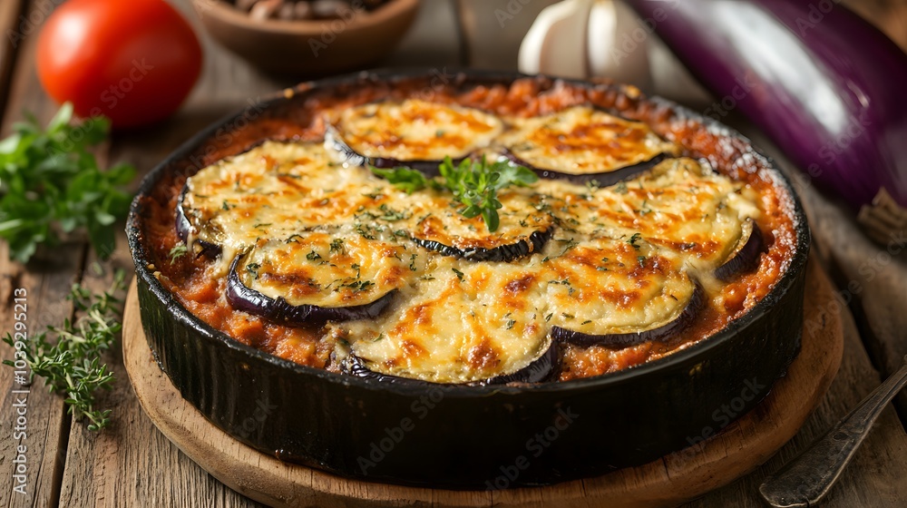 A Greek moussaka, with layers of eggplant, minced meat, and béchamel sauce.
A Greek moussaka, with layers of eggplant, minced meat, and béchamel sauce.