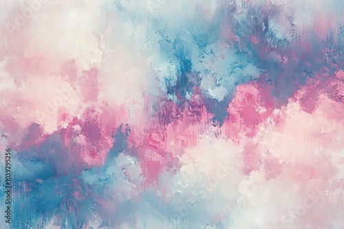 Abstract pastel painting with pink and blue textured clouds.