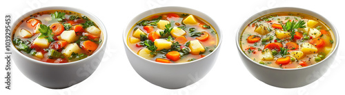 3D bowls of vegetable soup isolated on transparent PNG background for food and healthy eating-themed illustrations