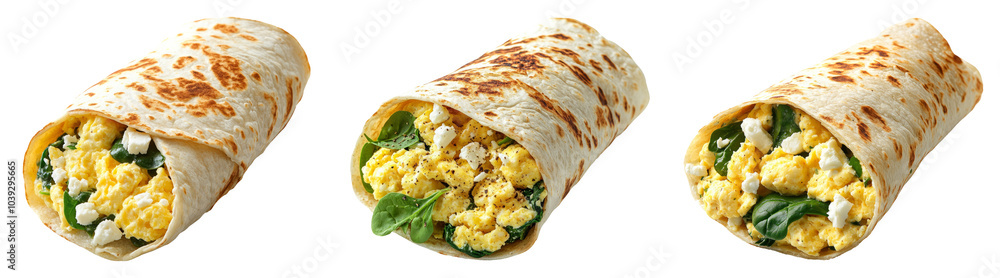 3D breakfast burritos with spinach and scrambled eggs isolated on transparent PNG background for breakfast and food-themed designs 3D breakfast burritos with spinach and scrambled eggs isolated on transparent PNG background for breakfast and food-themed designs