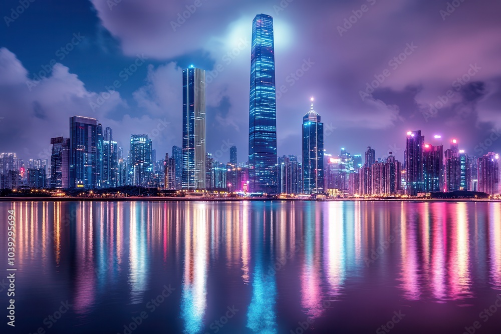 Fototapeta premium Stunning city skyline at night, illuminated buildings reflecting on water, showcasing modern architecture and vibrant urban life.