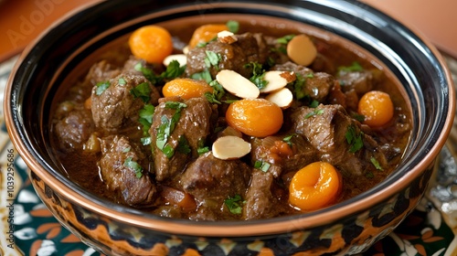 A Moroccan tagine, with lamb, apricots, and almonds in a fragrant stew.