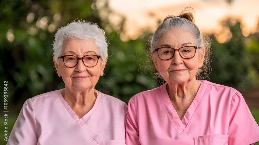 Compassionate nurse smiling as she tenderly cares for an elderly woman in a wheelchair in a serene garden setting with warm sunlight and a wide angle shot from the right corner Compassionate nurse smiling as she tenderly cares for an elderly woman in a wheelchair in a serene garden setting with warm sunlight and a wide angle shot from the right corner