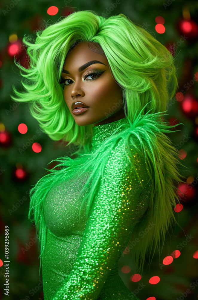 A beautiful African American woman with a beautiful layered lime green shoulder length hair. She has an evil mean and fierce look. christmas tree in background A beautiful African American woman with a beautiful layered lime green shoulder length hair. She has an evil mean and fierce look. christmas tree in background