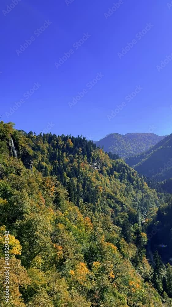 Vertical 4K video. View from cable car cabin to Borjomi mountains, forest, waterfall, tree, blue sky, green grass. Nature, city transport, tourism, travel, trip, walk. Sunny day. Copy space. Georgia Vertical 4K video. View from cable car cabin to Borjomi mountains, forest, waterfall, tree, blue sky, green grass. Nature, city transport, tourism, travel, trip, walk. Sunny day. Copy space. Georgia