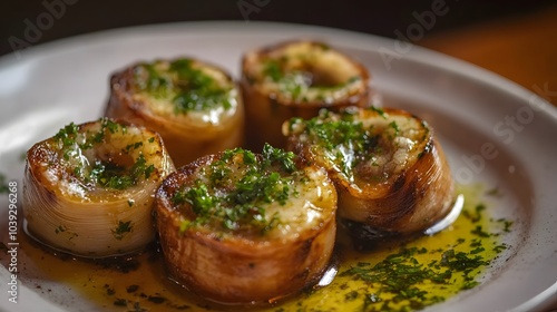 A plate of escargot, baked snails with garlic butter and parsley.