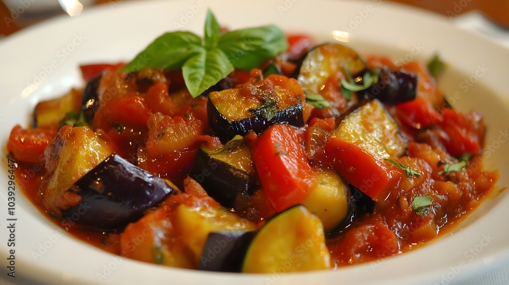 A plate with sautéed zucchini, eggplant, and bell peppers in a tomato sauce.
A plate with sautéed zucchini, eggplant, and bell peppers in a tomato sauce.