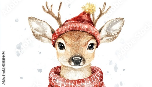Charming watercolor of a deer in holiday garb, suitable for festive interior decorations.