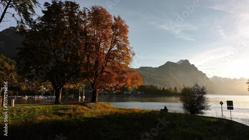 Quinten Hamlet At Sunrise On The North Shore Of The Walensee In Switzerland. Aerial Shot photo