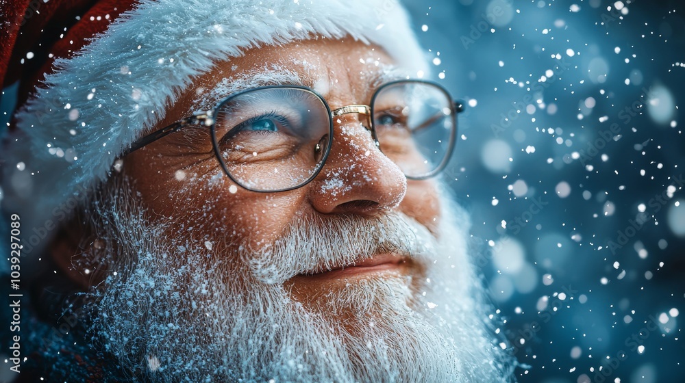 Closeup of Santa Claus s Face with Snow Falling Closeup of Santa Claus s Face with Snow Falling