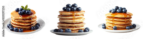 3D pancakes with blueberries and syrup isolated on transparent PNG background for breakfast and dessert-themed designs
