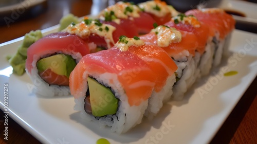 A plate of sushi, with fresh salmon, tuna, and avocado rolls.