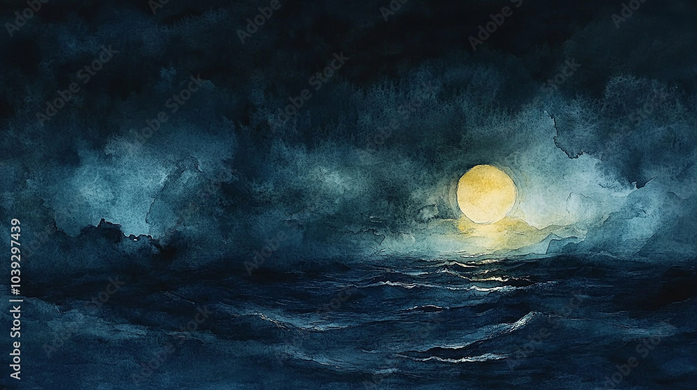 Fototapeta premium Night ocean watercolor background in dark hues