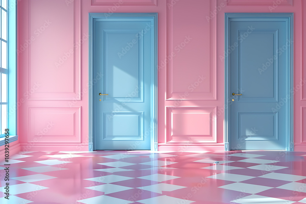 Two blue doors in a pink room with checkered flooring, light streams in through the window. Two blue doors in a pink room with checkered flooring, light streams in through the window.