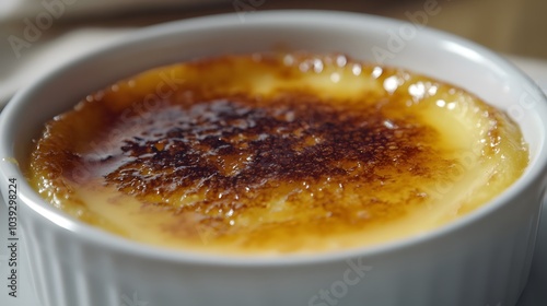 A serving of crème brûlée, with a caramelized sugar crust and creamy custard.